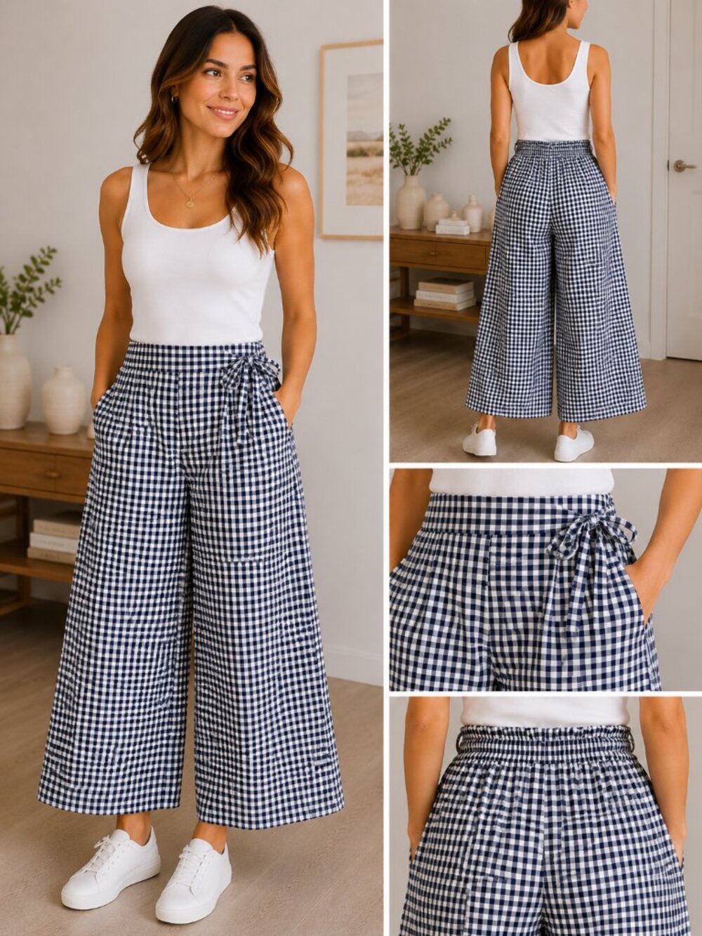 Zara Trafaluc Collection Gingham Wide Leg Pants – Navy & White Cropped Palazzo
